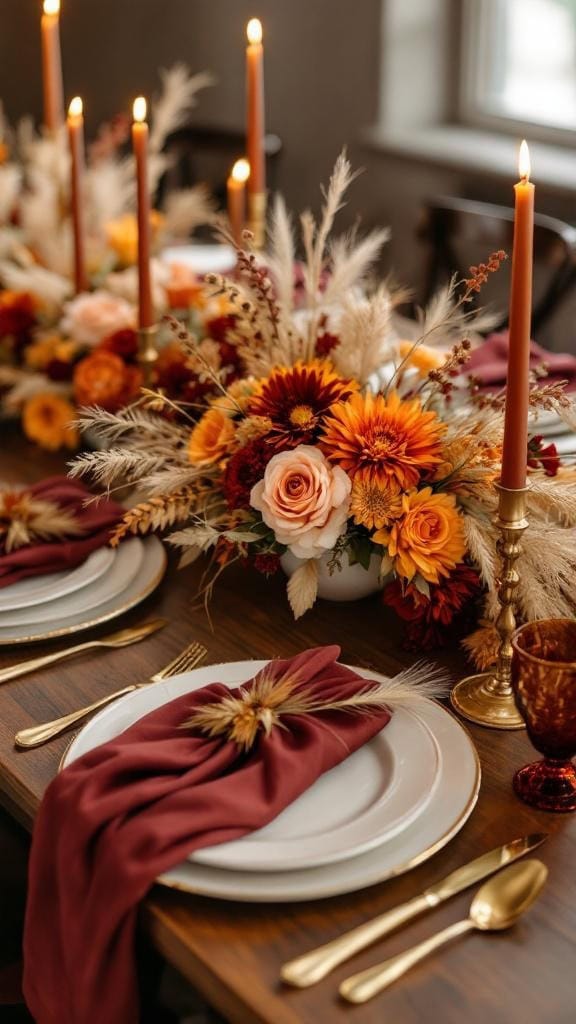 A beautifully set table featuring layered burgundy napkins, orange floral arrangements, and tall candles.