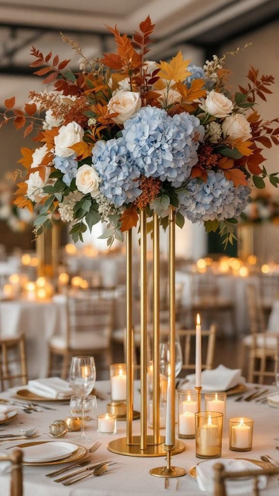 Tall wedding centerpieces featuring blue hydrangeas and rust-toned leaves with candles on a table.