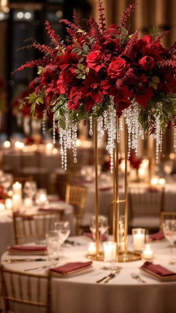 Tall centerpieces with deep red florals and hanging crystals at a wedding reception