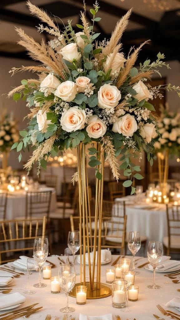Tall gold stands with sage green floral arrangements and candles on a wedding table.