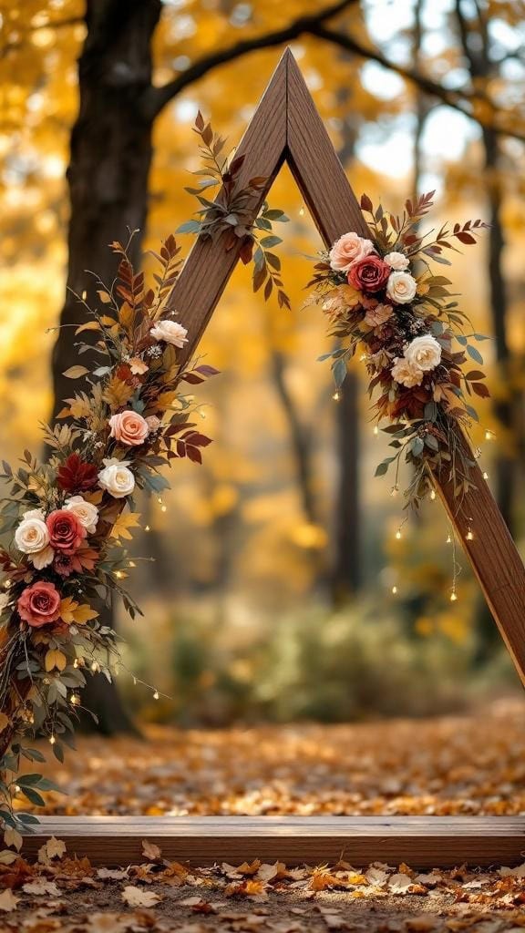 Triangle arch decorated with rosewood florals and gold accents in a fall setting.