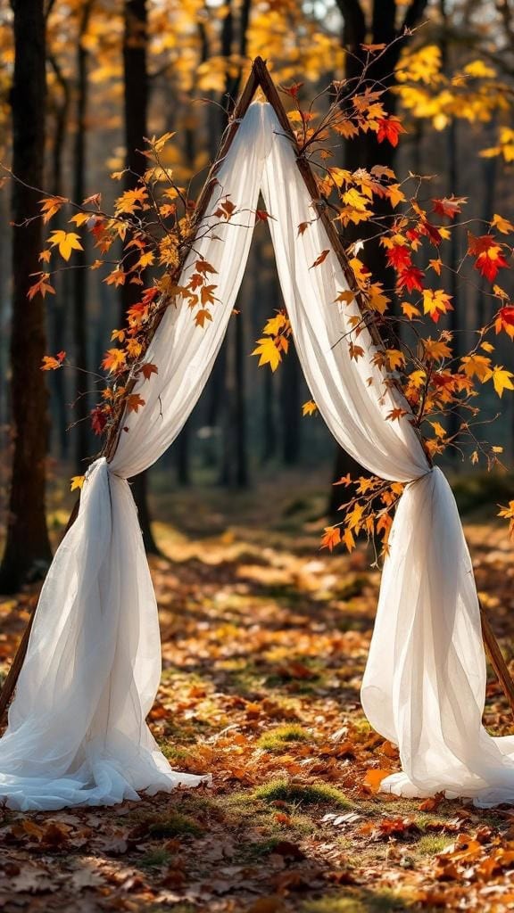 Triangle wedding arch decorated with sheer tulle and autumn branches