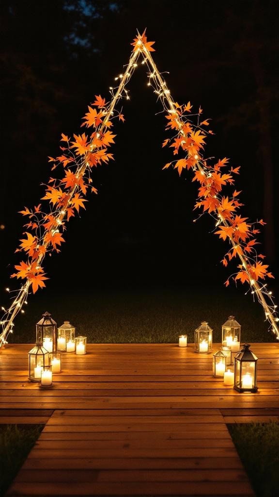 A triangle wedding arch decorated with orange leaves and twinkling lights, surrounded by lanterns on a wooden platform.