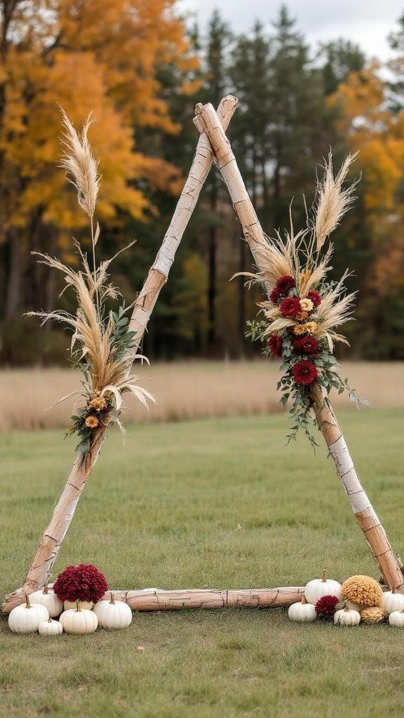 Triangle wedding arch decorated with dried corn stalks and mini pumpkins