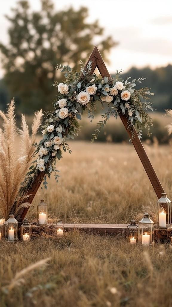 Triangle arch decorated with dried sage greenery and gold pampas grass, surrounded by lanterns with candles in a field.