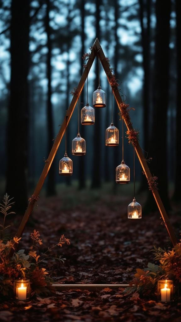 A triangle wedding arch made of wood, decorated with hanging glass terrariums and tea lights, set in a forest.