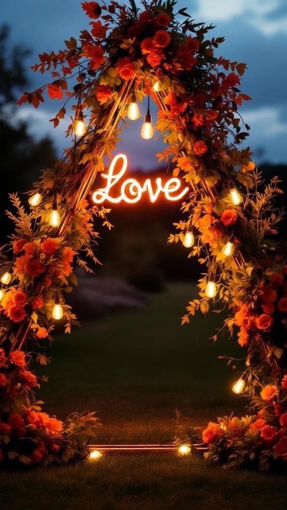 Triangle wedding arch with orange flowers and a neon 'Love' sign