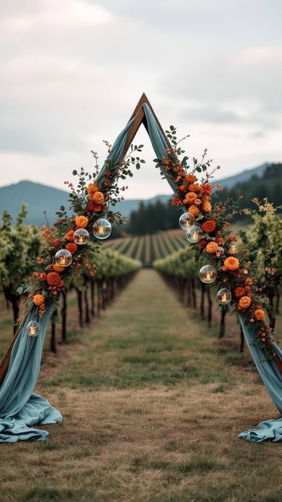Triangle arch decorated with rust florals and hanging glass orbs in a vineyard