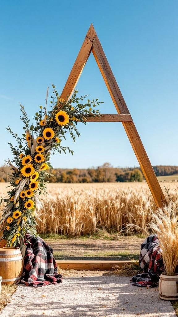 Triangle wedding arch decorated with sunflowers and plaid blankets