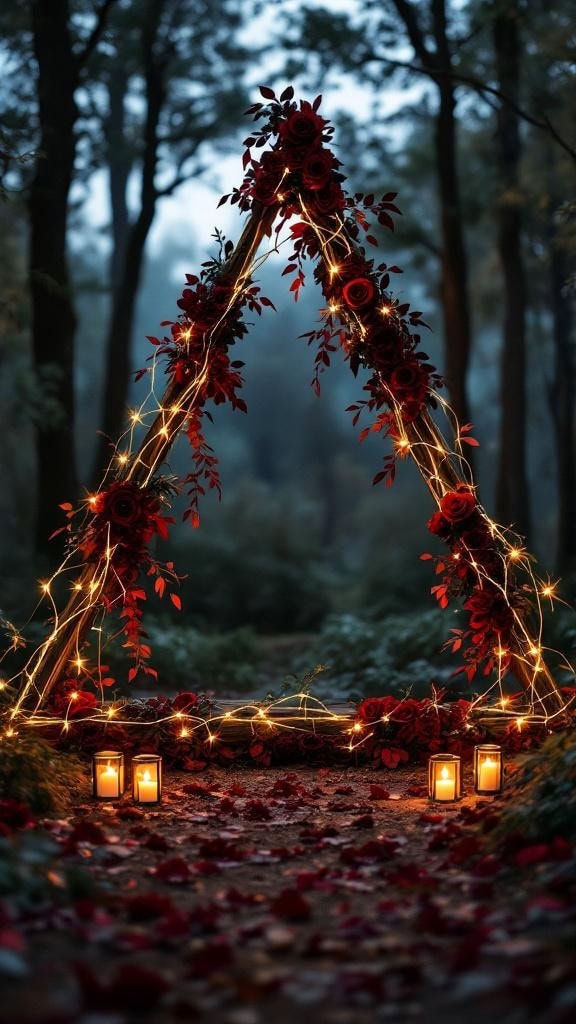 A triangle arch decorated with red flowers and gold twinkle lights, surrounded by lanterns and rose petals.