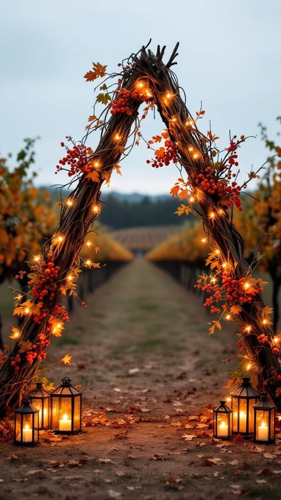 Triangle wedding arch wrapped in grapevine and fairy lights, set in a vineyard with autumn leaves and lanterns.