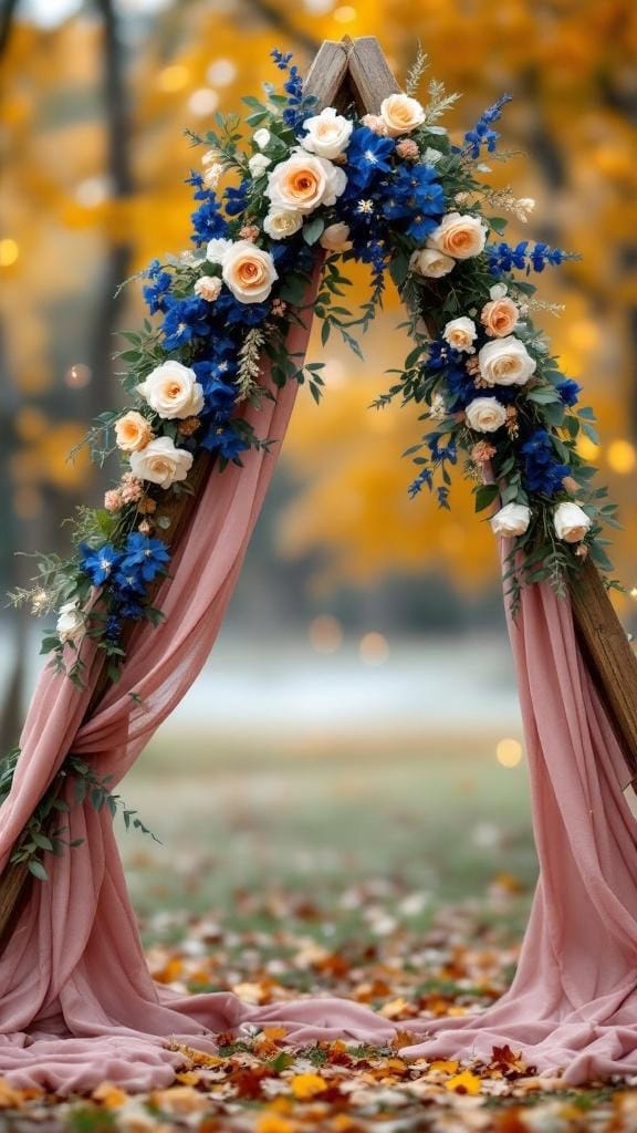 Triangle wedding arch with dusty pink draping and navy flowers, set against a fall backdrop.