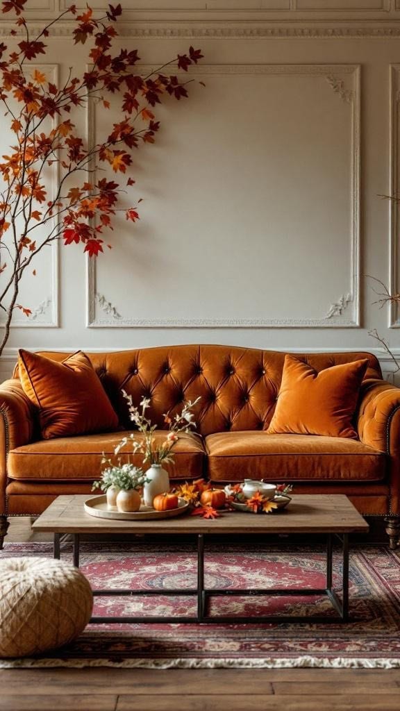 A vintage lounge setup featuring a burnt orange sofa with pillows, a rustic coffee table, and a burgundy rug, decorated with seasonal items.