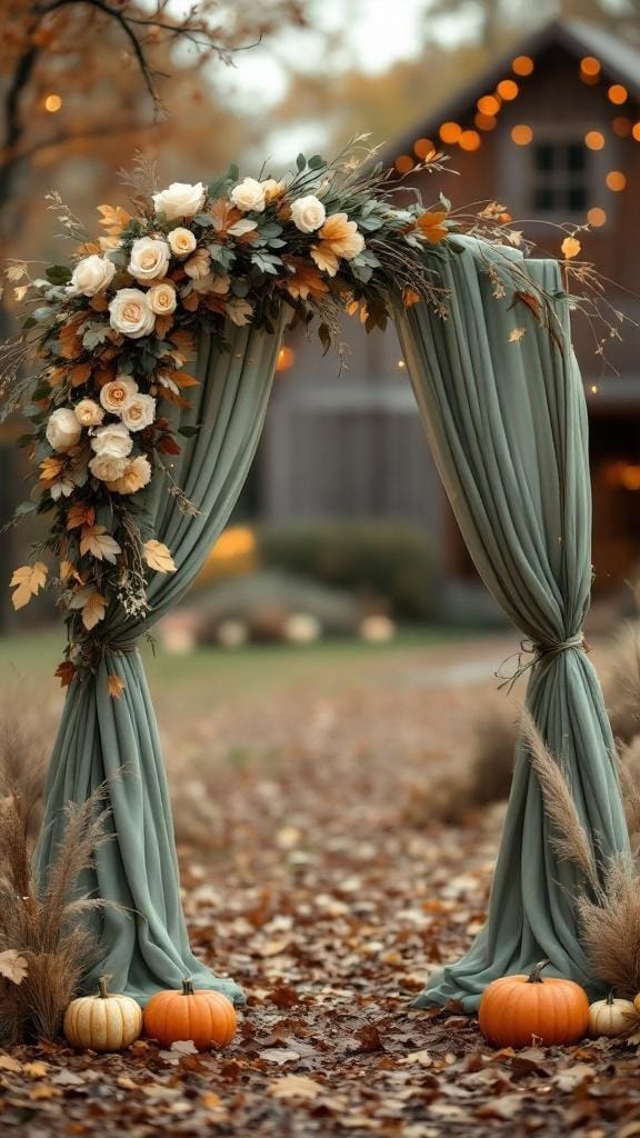 A wedding arch draped in sage green fabric with gold leaves and cream flowers, surrounded by pumpkins and dried grasses.