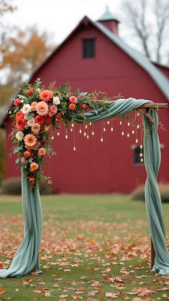 A wedding arch decorated with coral flowers and sage draping in front of a rustic red barn.