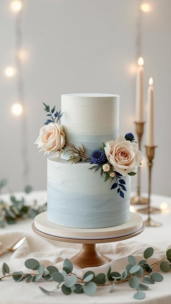 A wedding cake with dusty blue buttercream and beige florals on a table with eucalyptus leaves.