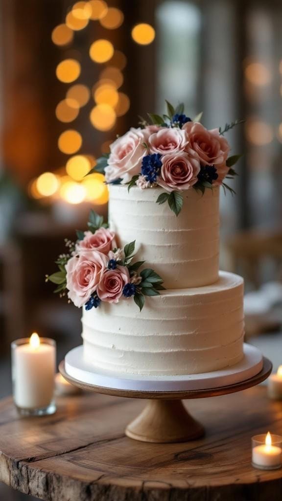 A three-tier wedding cake decorated with dusty pink roses and navy blue flowers, set on a rustic wooden cake stand with candles in the background.