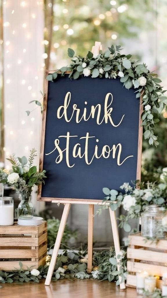 A wedding drink station featuring navy blue signage with gold lettering, surrounded by sage green florals and glass dispensers.