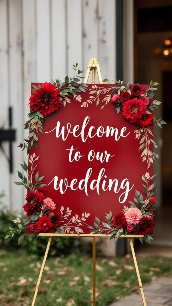A wedding sign with gold lettering on a deep red background, adorned with red flowers.