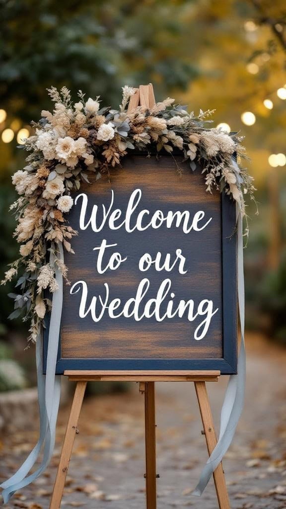 A navy blue welcome sign adorned with beige florals and a dusty blue ribbon, set against a backdrop of autumn leaves.
