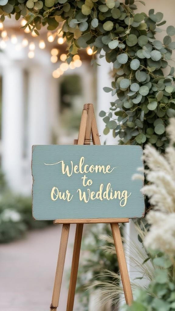 A sage green welcome sign with gold calligraphy, surrounded by a fall garland.
