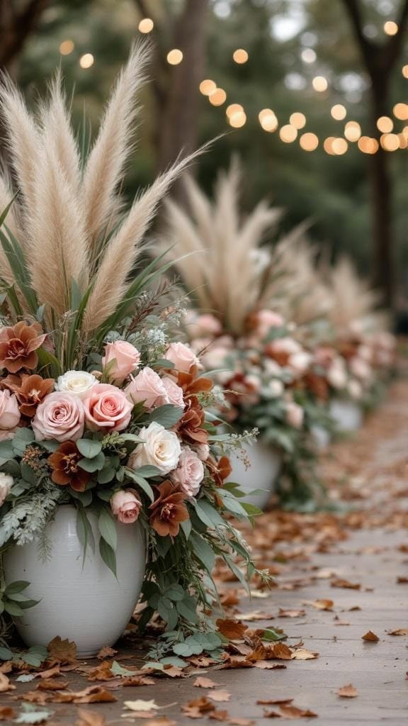 Aisle arrangements featuring pampas grass and blush roses for a fall wedding