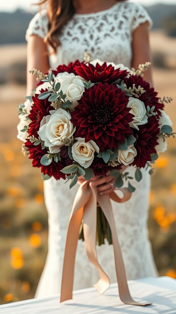 A bridal bouquet featuring burgundy dahlias and eucalyptus, held by a bride in a lace dress.