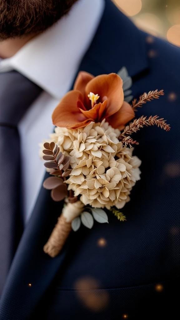 A close-up of a dried hydrangea and rust orchid boutonniere on a navy suit, showcasing warm autumn colors.