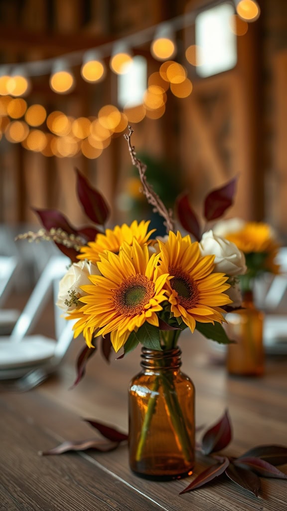 A beautiful arrangement of golden sunflowers and dusty rose flowers in a rustic setting.