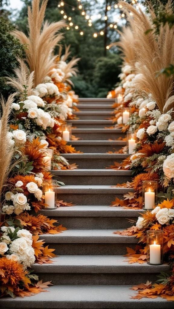 A staircase decorated with ivory and burnt orange flowers, candles, and fairy lights.