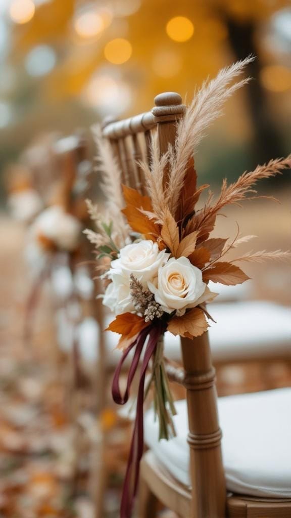 Ivory roses with dried leaves tied to a chair marker at a fall wedding