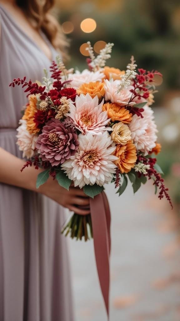 A mauve and marigold bridesmaid bouquet with soft flowers and a vibrant pop of color, set against a fall wedding backdrop.