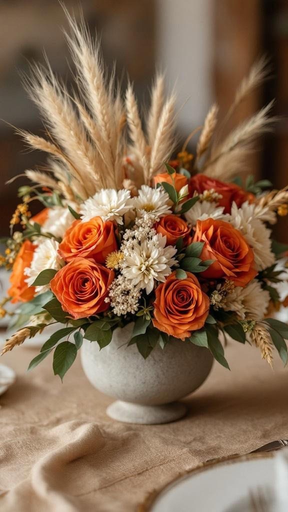 A fall wedding centerpiece featuring muted orange roses, cream pumpkins, and autumn leaves.