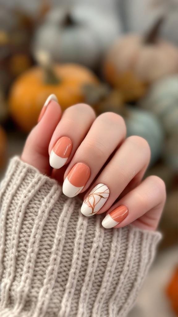 Nails featuring rust and nude marble design with gold accents.