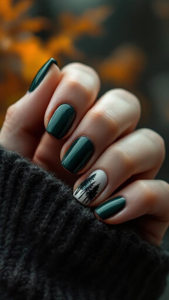 A hand showing cobalt blue and black color block nails against a blurred autumn background.