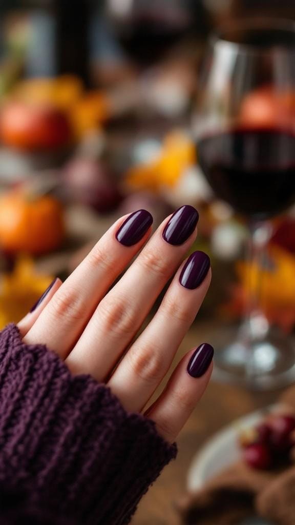 Close-up of a hand with deep eggplant nails, wearing a purple sweater, with a glass of red wine in the background.