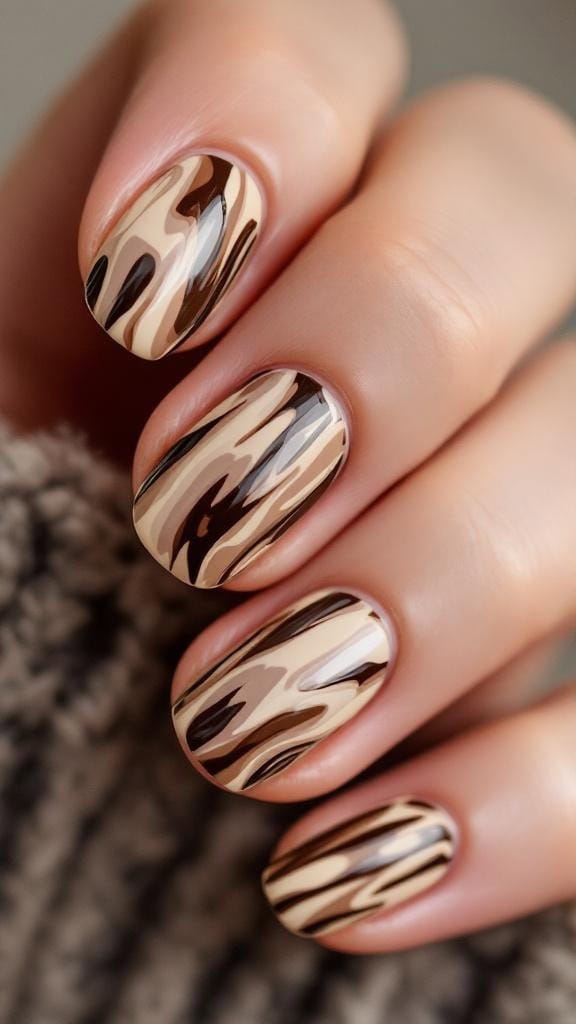 Close-up of chocolate and cream swirl marble nails on a hand.