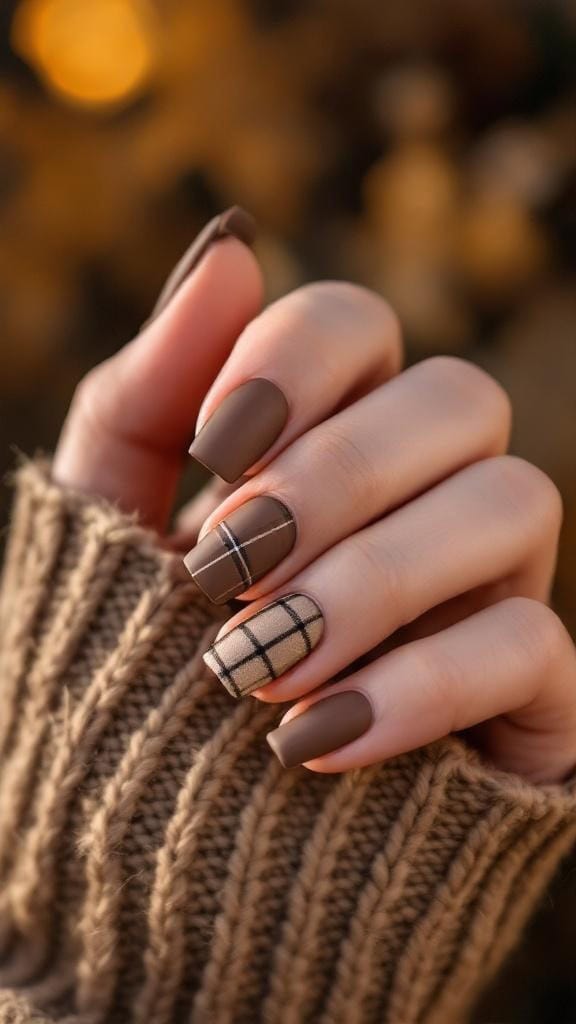 Matte brown nails with 3D floral accents