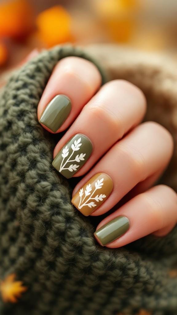 Nail design featuring olive and taupe colors with white leaf art