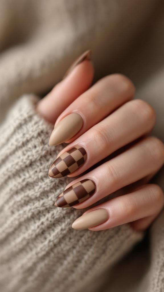 Matte beige and brown checkerboard pattern nails