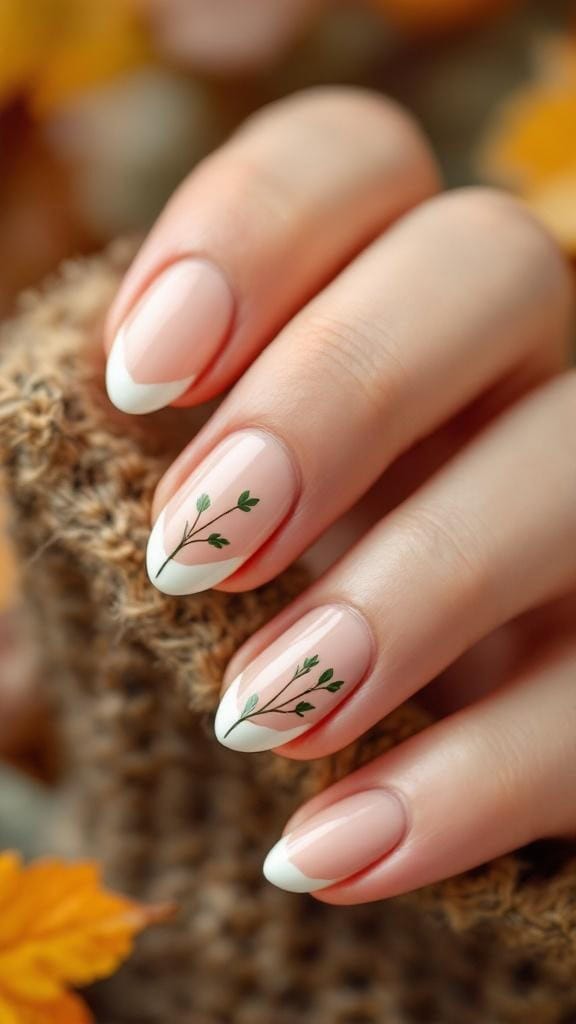 Nails with leafy branch designs on a neutral base.