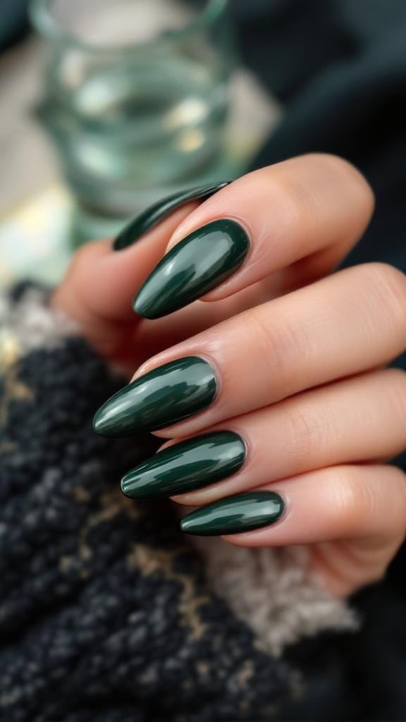 A close-up of moody green chrome nails on a hand, showcasing a glossy finish.