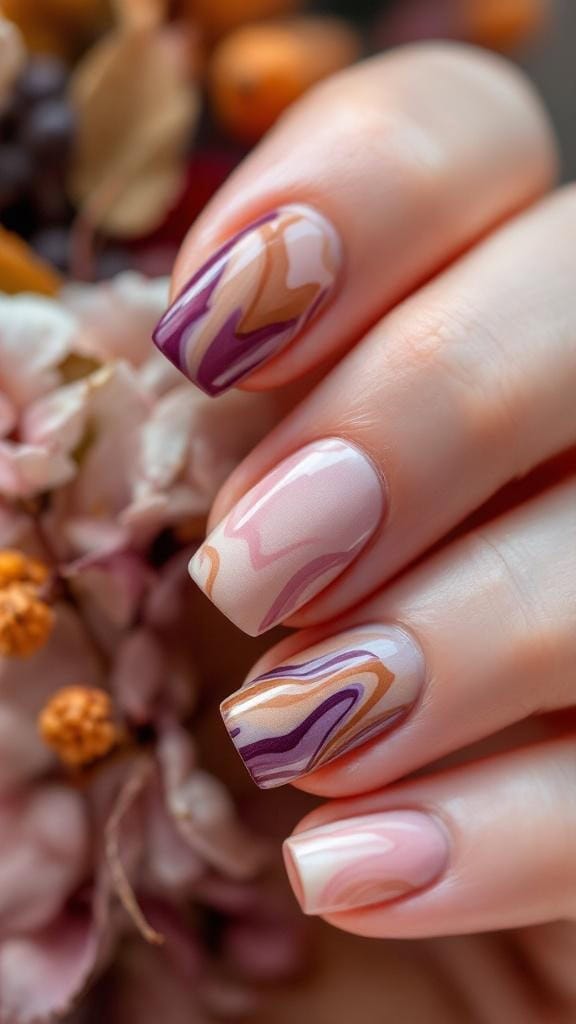 Close-up of nails featuring a mulberry and tan marble design.