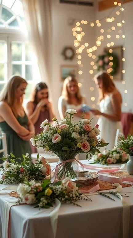 A DIY flower crown station at a wedding, featuring fresh flowers and guests crafting crowns.