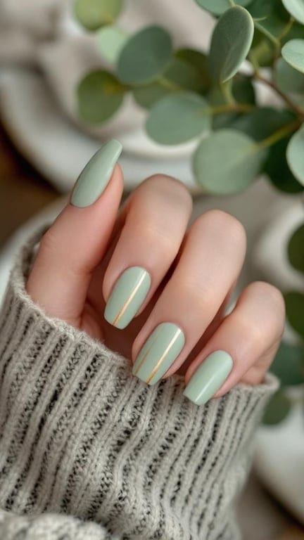 Muted green nails with gold stripe accents