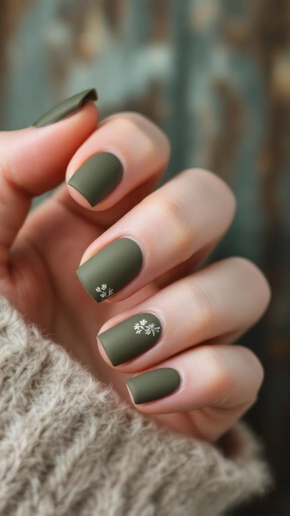 Close-up of olive green matte nails with white floral designs.