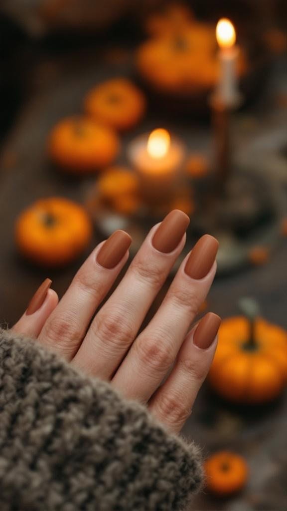 Cinnamon brown nails with a matte finish, surrounded by pumpkins and candles.