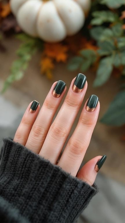 Olive green nails with copper foil tips, set against a background of autumn leaves and a white pumpkin.