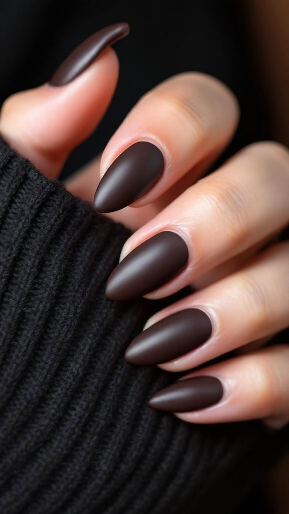 Close-up of hands with matte mocha nails and dark brown French tips.