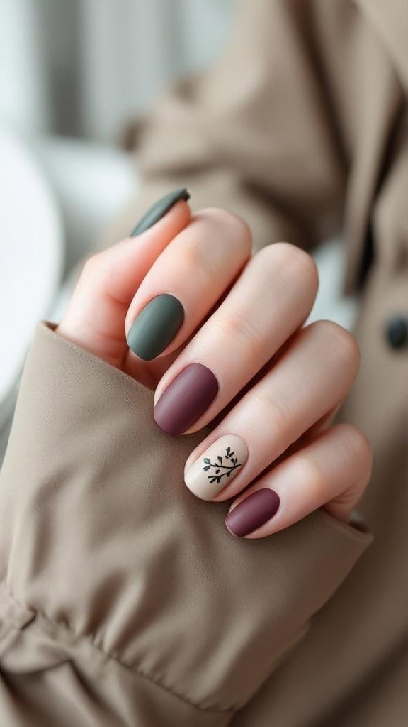 A hand with matte sage, burgundy, and nude nails featuring a leaf detail.